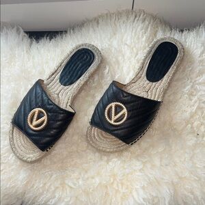 Valentino Slides ] Black Slide Sandals with V Gold Emblem - Women size 36